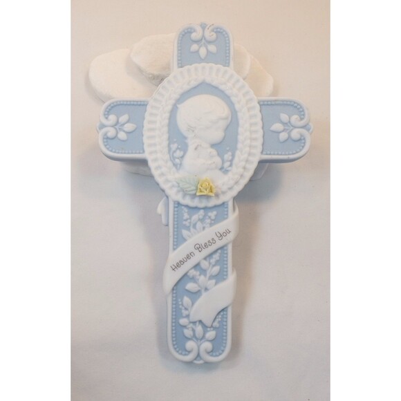 Precious Moments Heaven Bless You White Blue Boy 7” Cross 1996  New - Picture 1 of 6